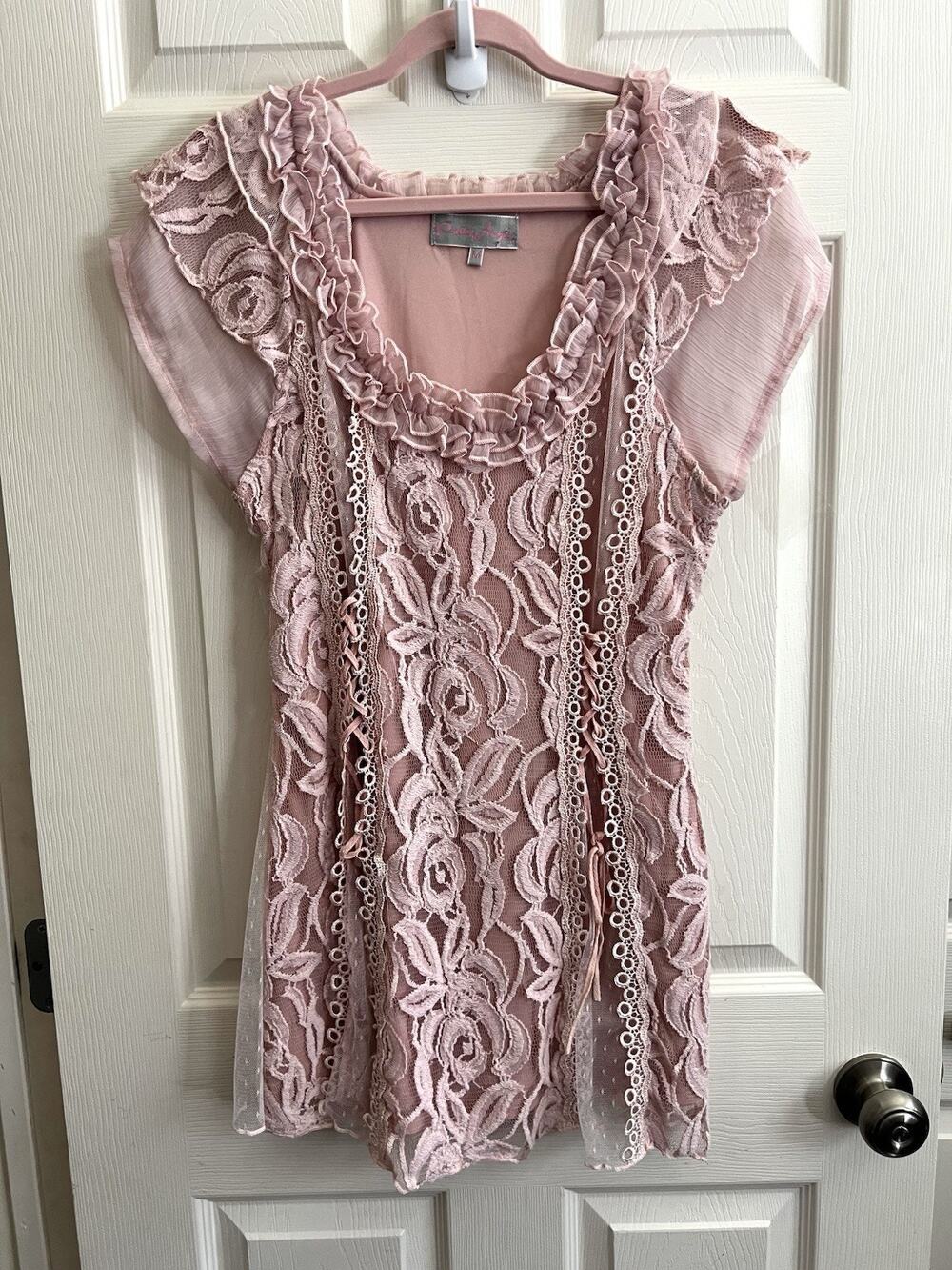 PRETTY ANGEL Pink Ruffle Lace Corset Linen Blend Fairy Whimsical Blouse Top Sz M